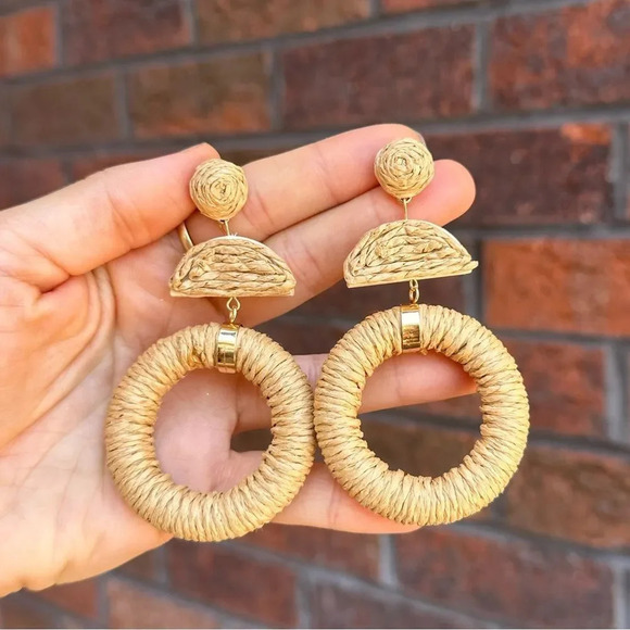 Anthro Boho Raffia Rattan Drop Earrings - Picture 5 of 8